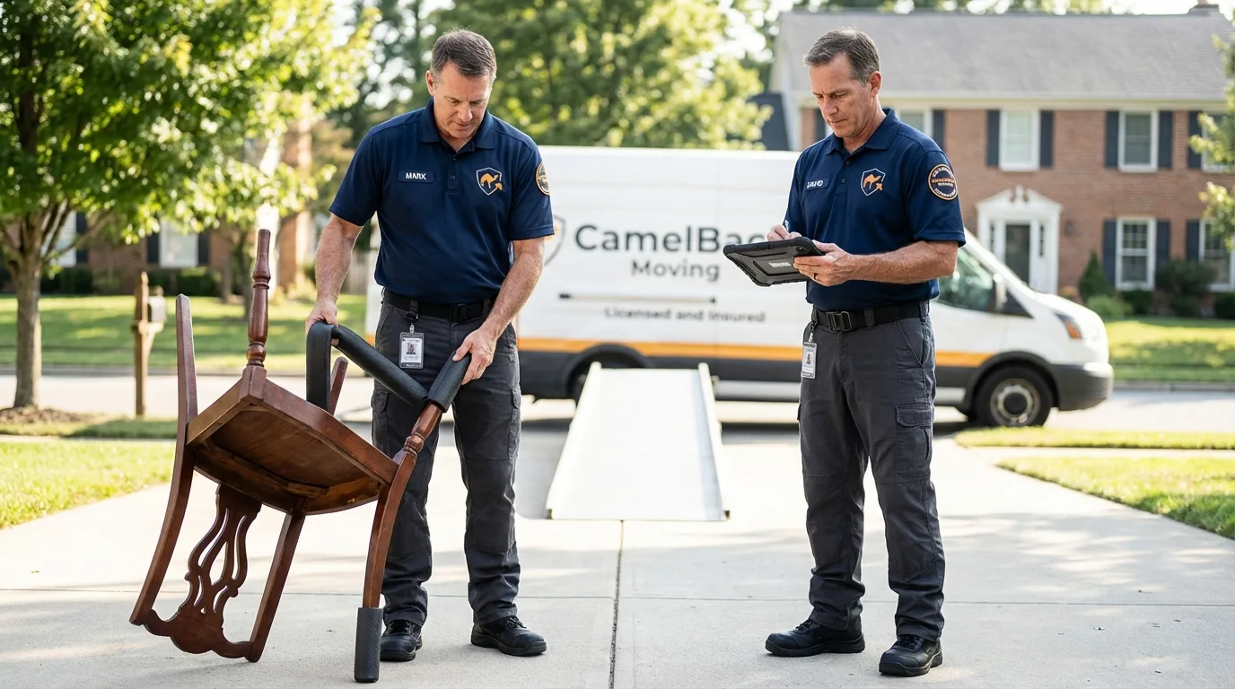 Movers inspecting furniture for damage prevention before loading in Danvers, MA