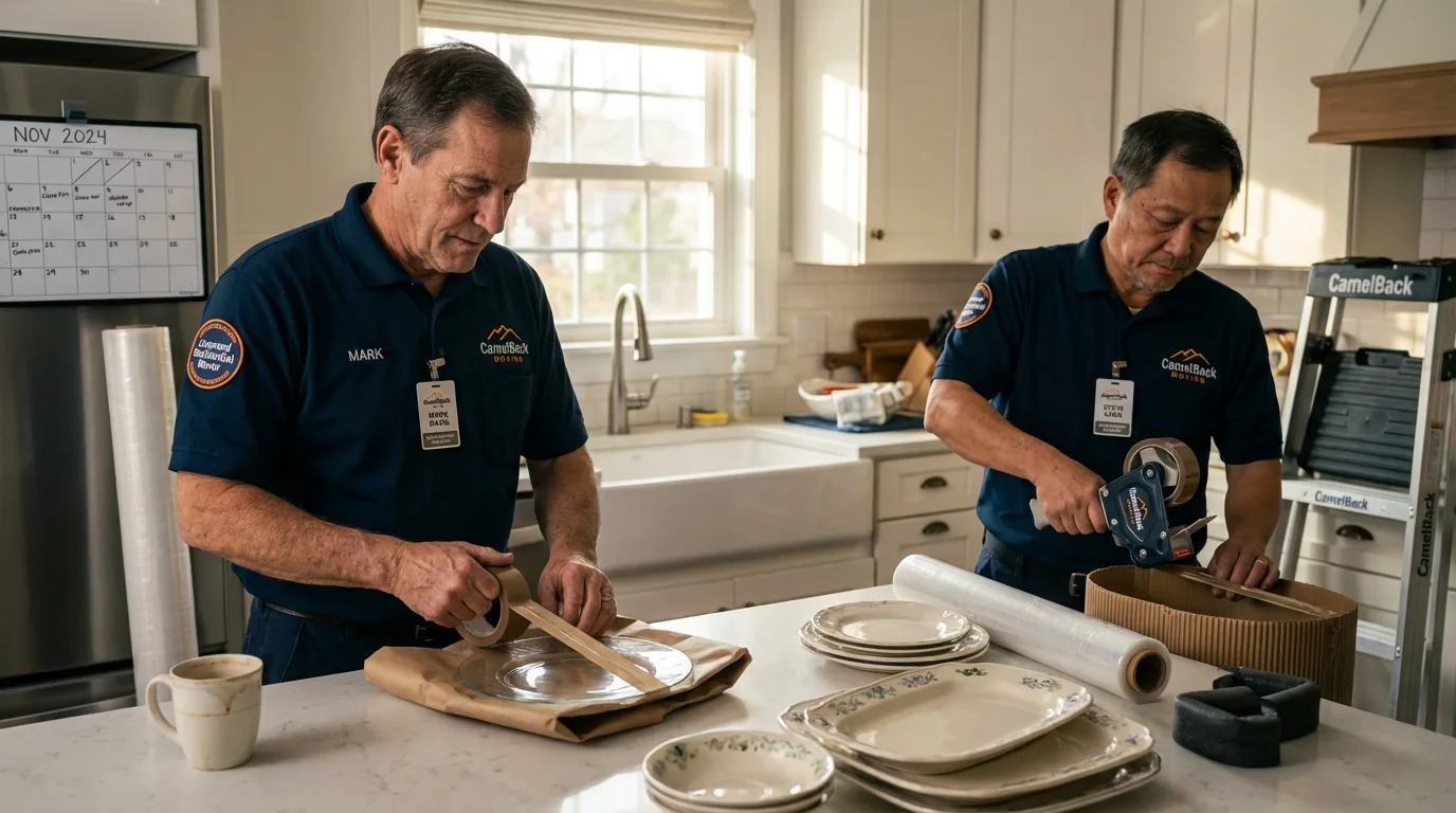 Professional crew packing kitchen dishware in Danvers, MA